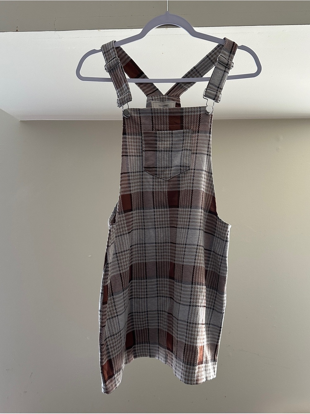 Plaid Overall Dress Romper in Brown and Cream